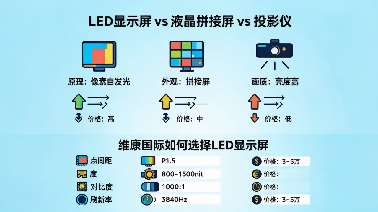 液晶拼接屏、投影儀對比信息圖-維康科普